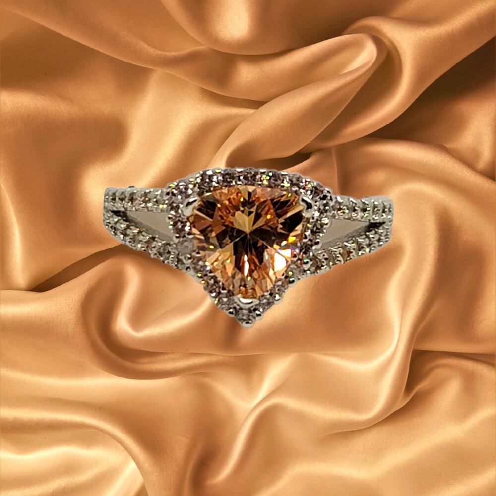 2ct Trillion Champagne and Round Diamond Simulant Halo Silver Rhodium Ring
